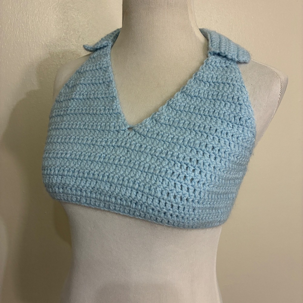 Y2K Boho Women Crochet Halter Top Blue Handmade Knit Festival Coquette Summer